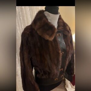 Luxurious casual Brown Real Mink jacket trimmed in brown leather brass hardware